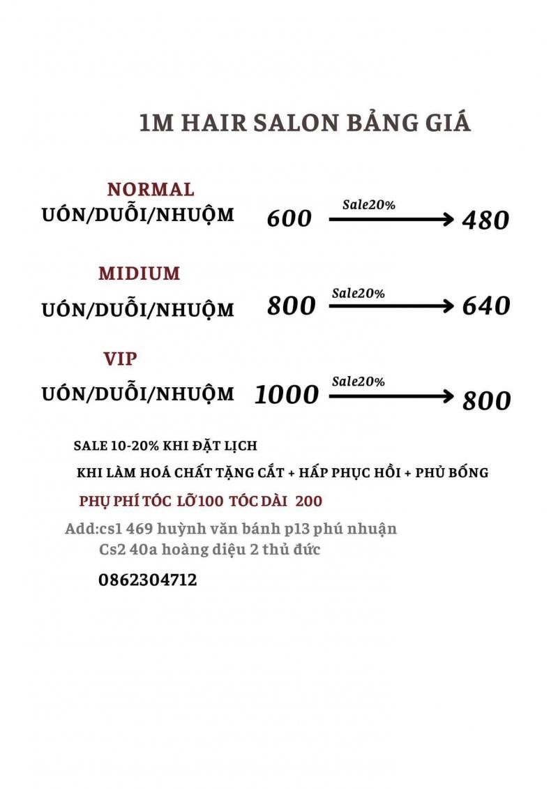 Bảng giá dịch vụ tại 1M Hair Salon