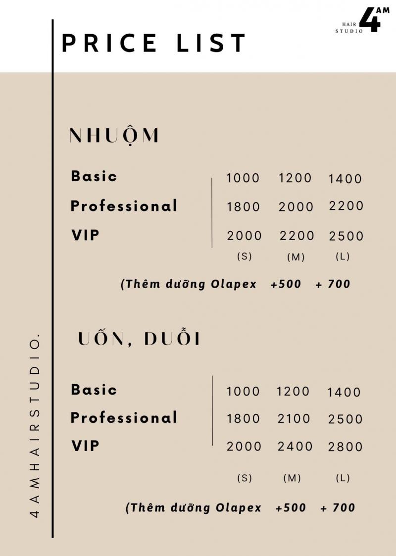 Bảng giá tại 4AM Hair Studio