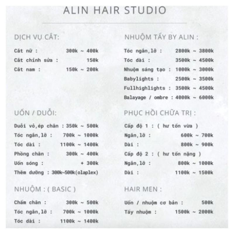 Bảng giá dịch vụ tại Alin Hair Studio
