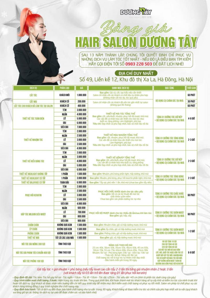 Bảng giá dịch vụ tại Dương Tây - Hair Salon & Spa