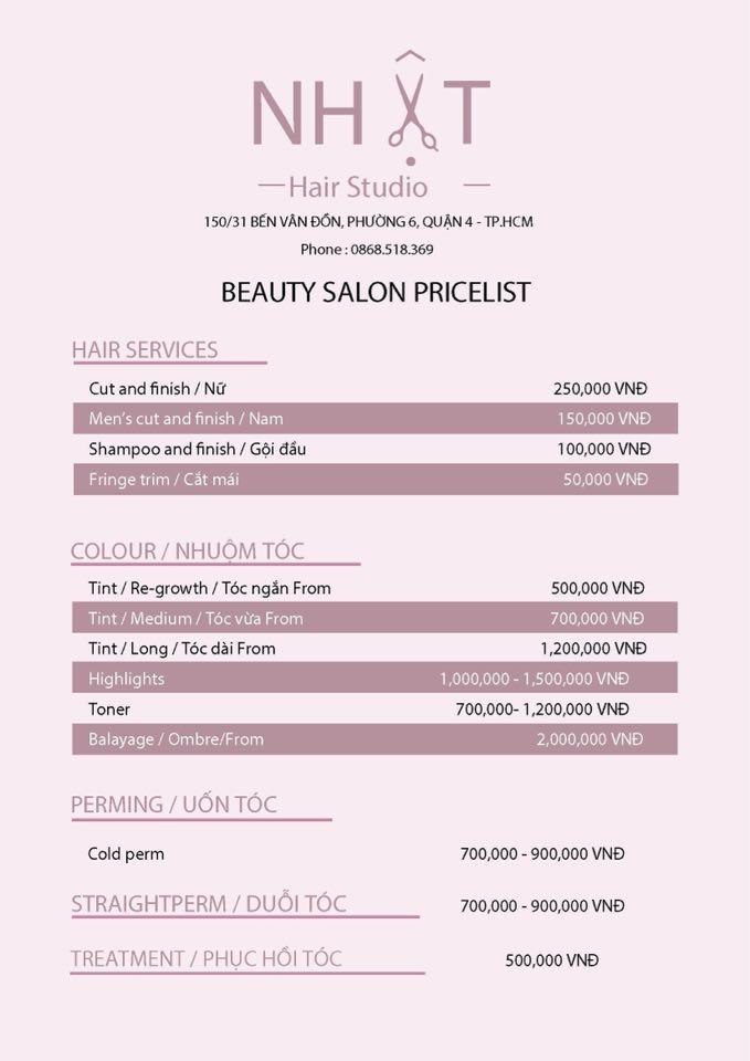 Bảng giá dịch vụ Nhật Hair Studio