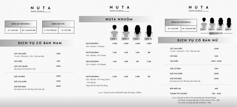 Bảng giá dịch vụ tại NUTA Hair Studio