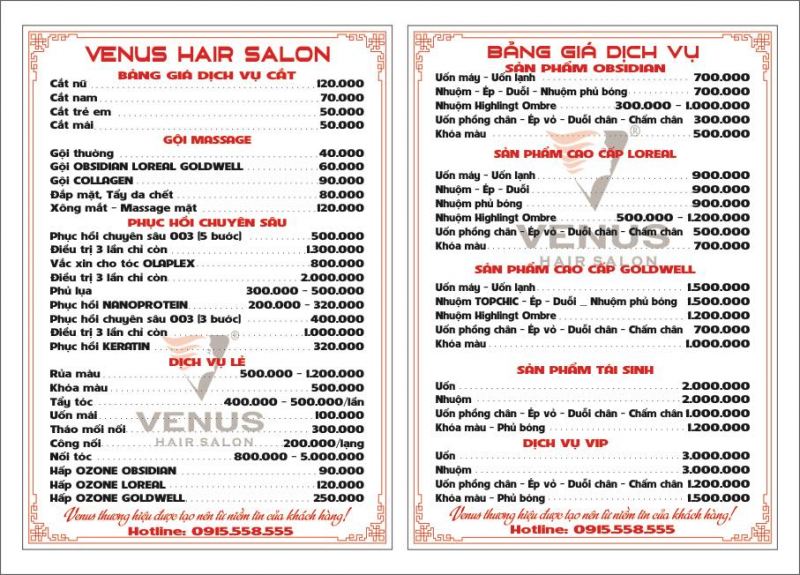 Bảng giá dịch vụ tại Venus Hair Salon